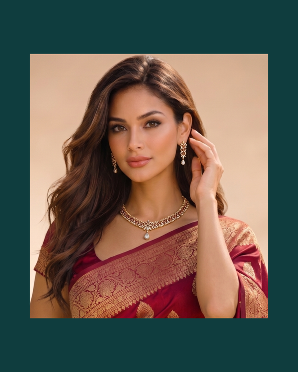 CZ Gold V-Shape Necklace | Traditional Indian Bridal Kemp Stone Collar Necklace with Teardrop Pendant | South Indian Wedding Jewelry | Anniversary Gift for Her