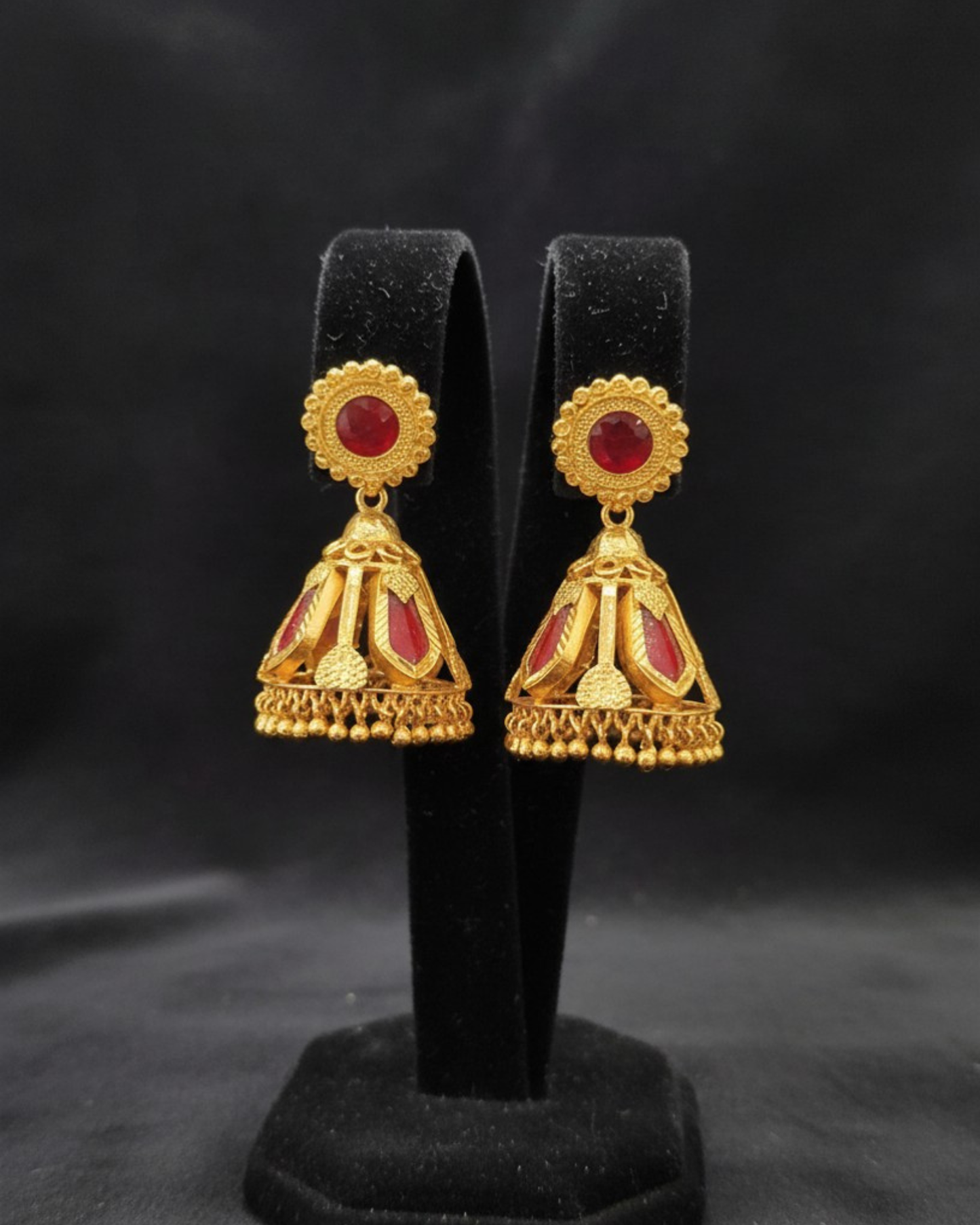 Gold Jhumka Earrings with Ruby Stones - Traditional Indian Bell Drop Earrings with Petal Design