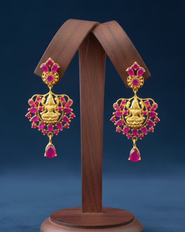 Earrings with Ruby Gemstones - Luxurious Indian Chandelier Earrings with Deity Design