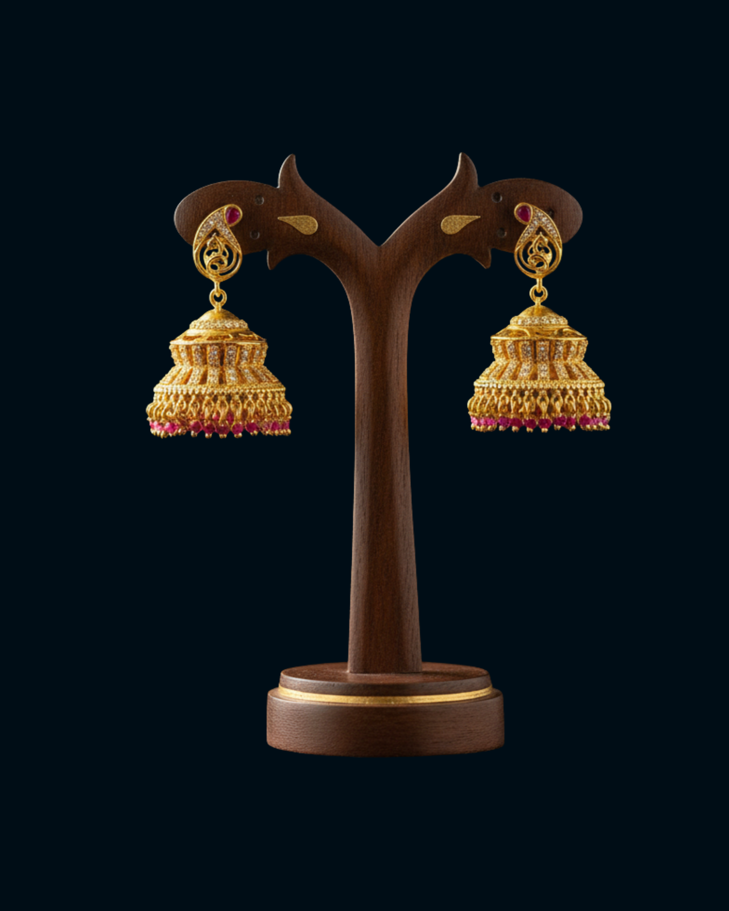 Gold Jhumka Earrings with Ruby Beads - Traditional Indian Temple Jewelry with Gemstones
