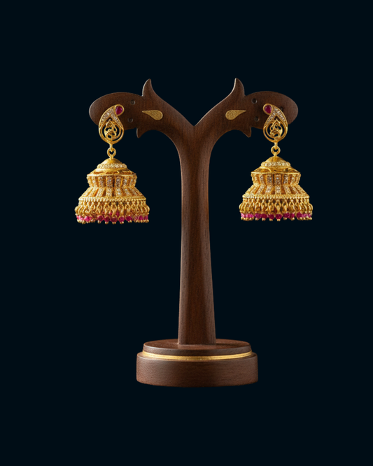 Gold Jhumka Earrings with Ruby Beads - Traditional Indian Temple Jewelry with Gemstones