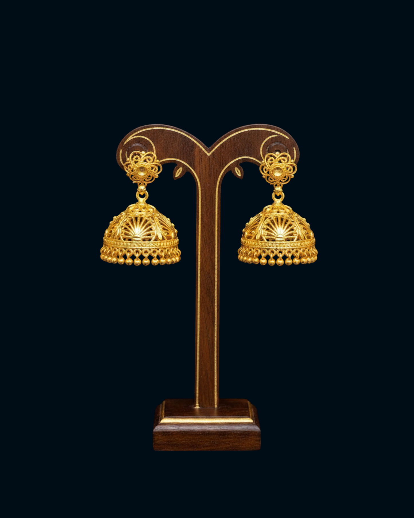 Gold Shell Pattern Jhumka Earrings - Traditional Indian Bell Drop Earrings with Gold Beads