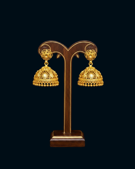 Gold Shell Pattern Jhumka Earrings - Traditional Indian Bell Drop Earrings with Gold Beads