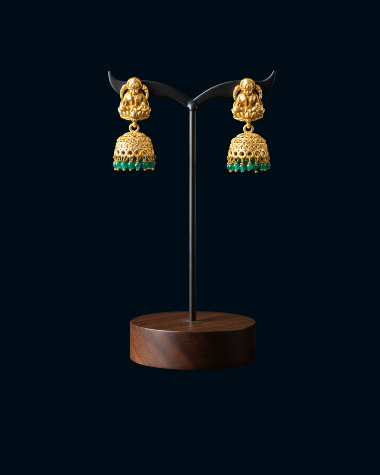 Gold Jhumka Earrings with Green Emerald Beads - Traditional Indian Temple Jewelry