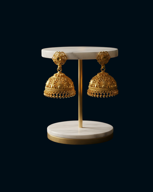Exquisite Gold Filigree Jhumka Earrings - Ornate Dome Bell Earrings with Pearl Detailing