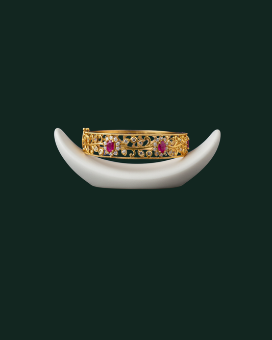 Gold Ruby & Diamond Filigree Bracelet - Traditional Indian Temple Jewelry with Gemstones