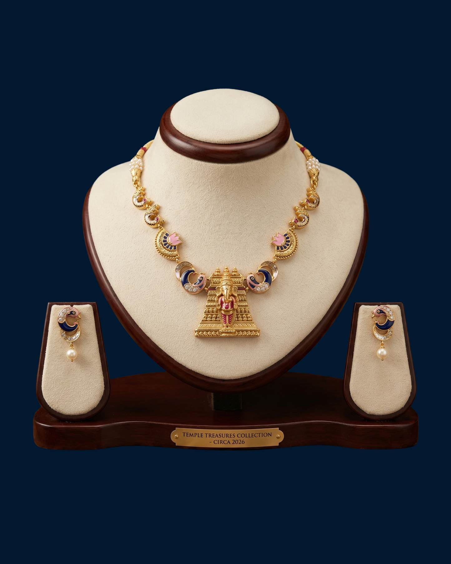 Temple Treasures Collection - Gold Ruby & Sapphire Temple Jewelry Set with Pearl Drop Earrings
