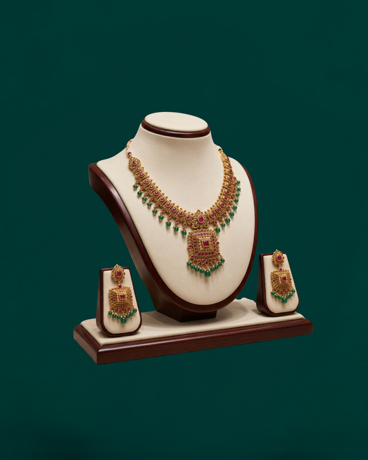 Exquisite Gold Ruby & Emerald Temple Jewelry Set - Traditional Indian Bridal Necklace with Matching Earrings