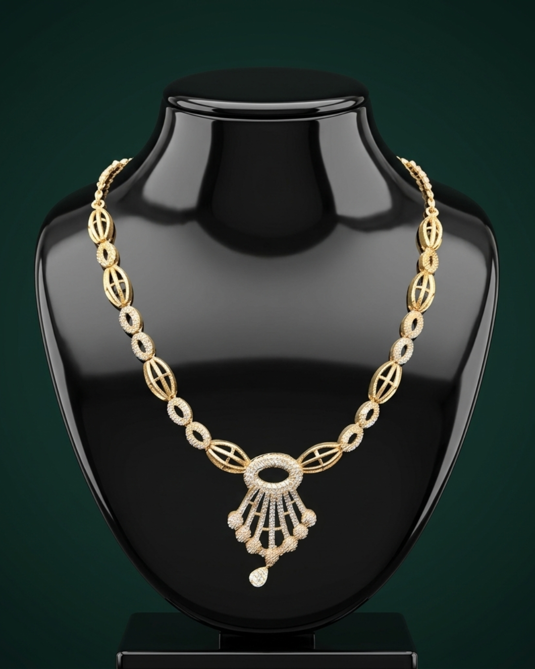 Royal Cascade Diamond-Set Gold Necklace with Ornate Pendant Drop