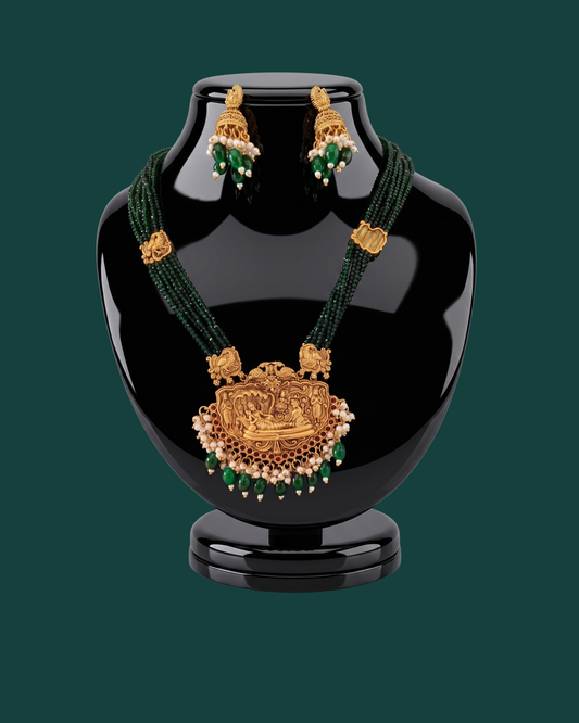 Lakshmi Temple Haaram with Green Beads & Pearl Drops
