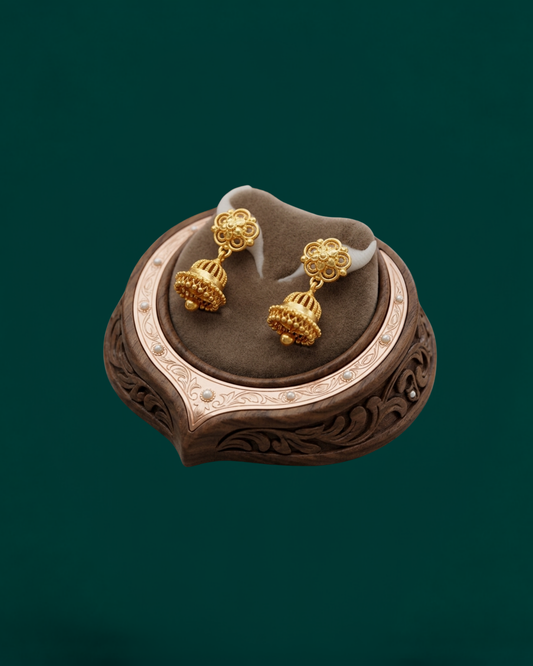 Elegant Gold Jhumka Earrings - Traditional Indian Bell Drop Earrings with Filigree Design