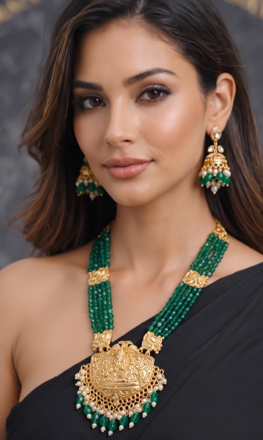 Lakshmi Temple Haaram with Green Beads & Pearl Drops