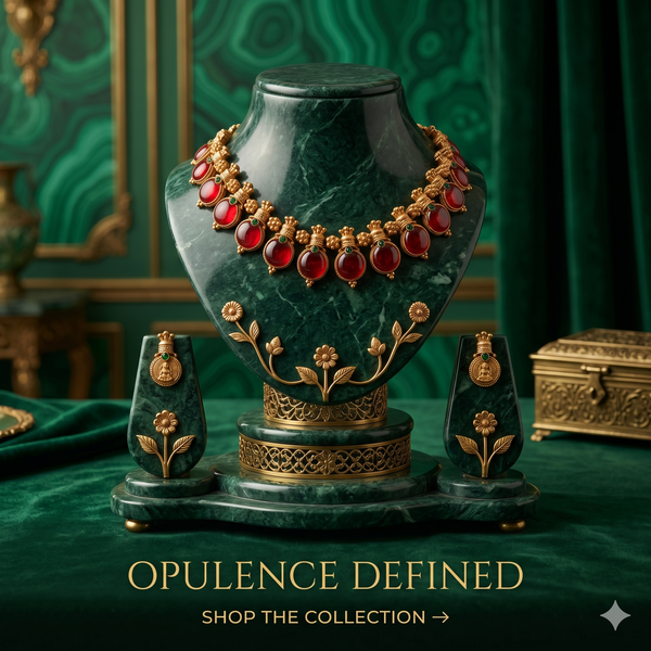 Antique Gold Opulence Necklace Set with Maroon Stone Drops